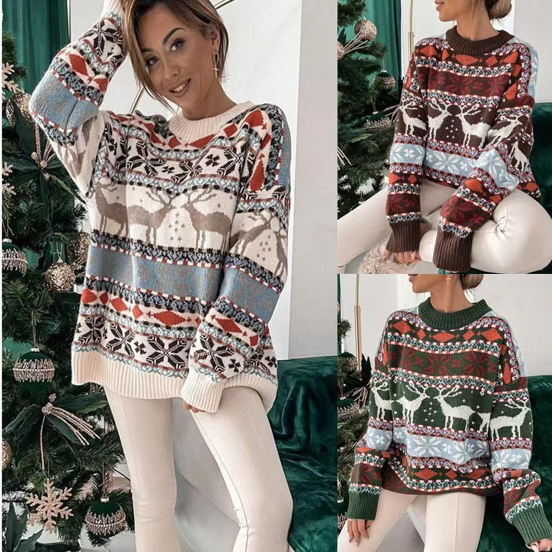 Women's Fashion Round Neck Loose Christmas Theme Jacquard Long Sleeve Sweater — изображение 2