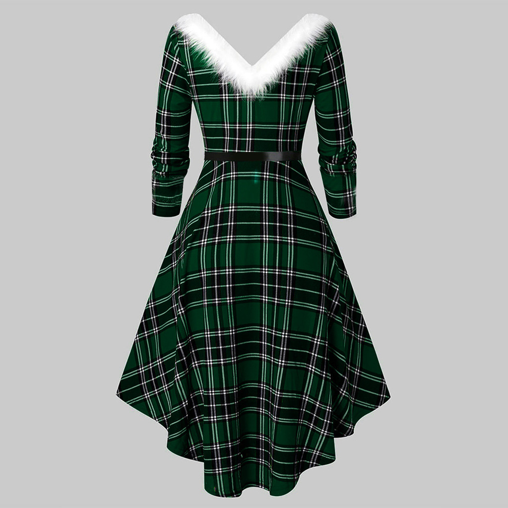 Christmas Women's Fur Patchwork V-neck Long Sleeved Dress - Image 4