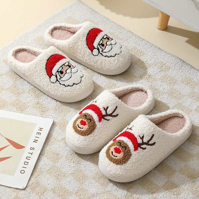 Christmas Home Slippers Cute Cartoon Santa Claus Cotton Slippers For Women And Men Couples Winter Warm Furry Shoes — изображение 5