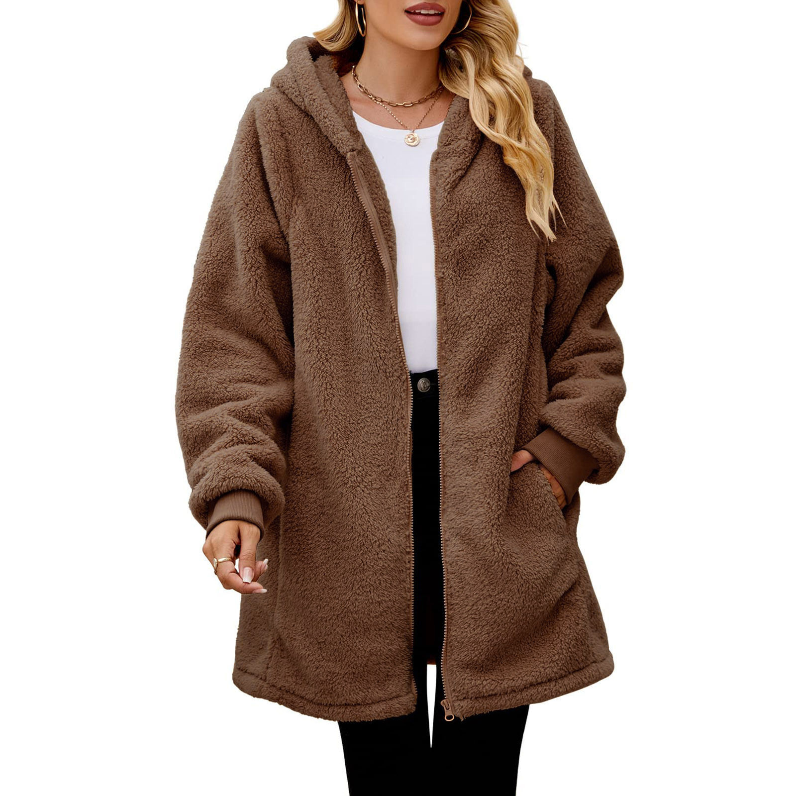 Loose Plush Women's Long Sleeve Hooded Zip Cardigan Coat - Image 5