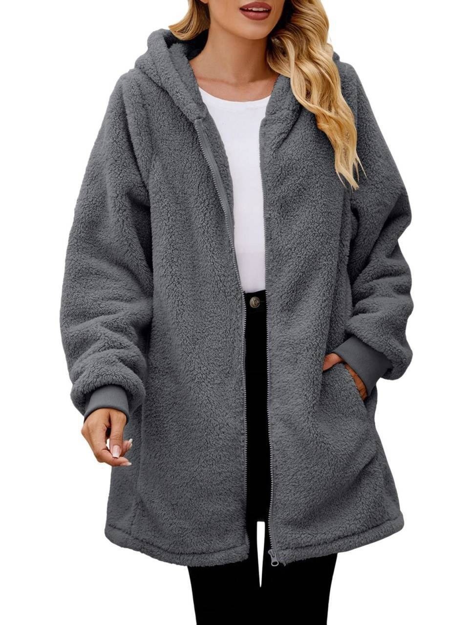 Loose Plush Women's Long Sleeve Hooded Zip Cardigan Coat - Image 7