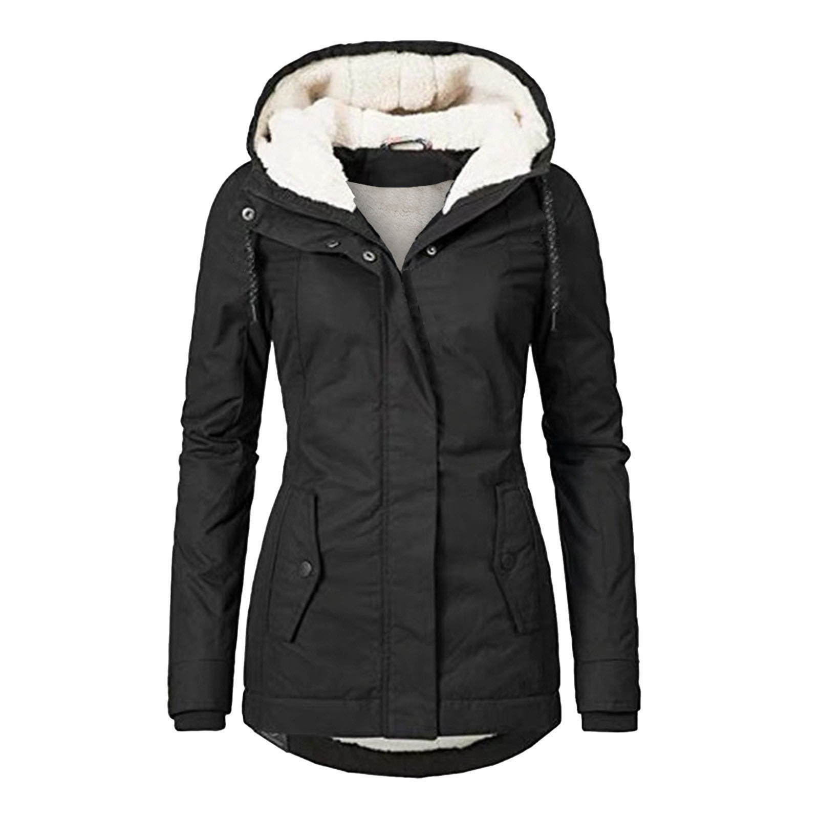 Winter Hooded Jacket Solid Color Warm Buckle Zip-up Fleece Jacket With Pockets Women's Casual Jacket - Image 4