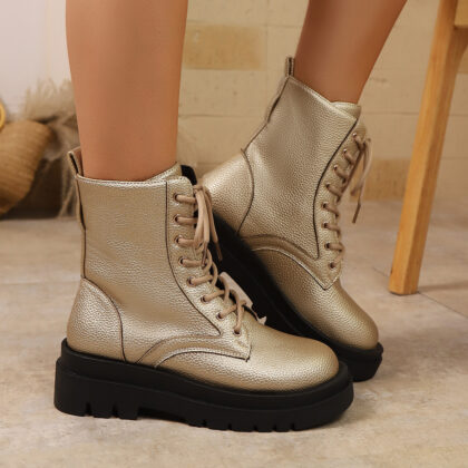 Women's Lace Up Round Toe Platform Leather Martin Boots