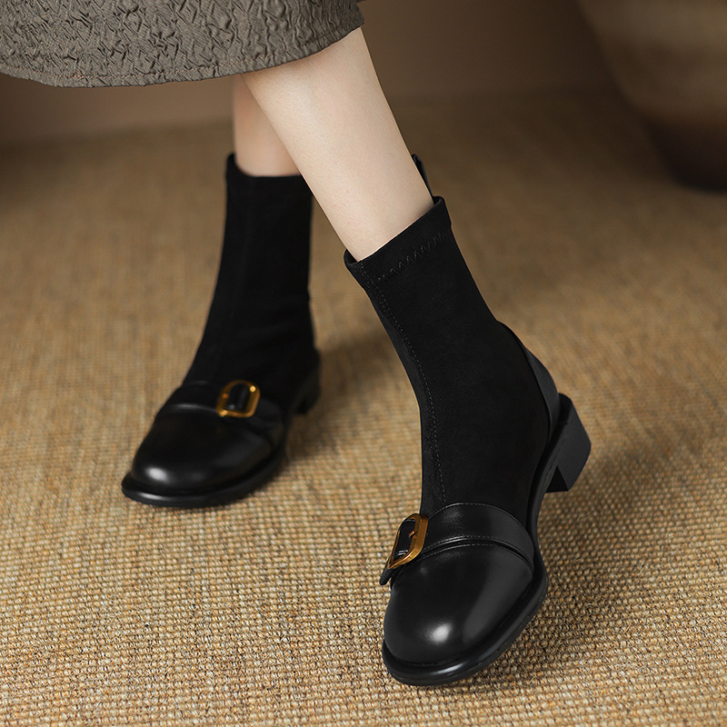 Casual Low Heel Martin Boots Belt Buckle Stitching Short Boots - Image 3