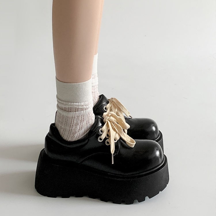 Retro British Matte Black Thick Sole Increased By Lace-up Leather Shoes - Image 2