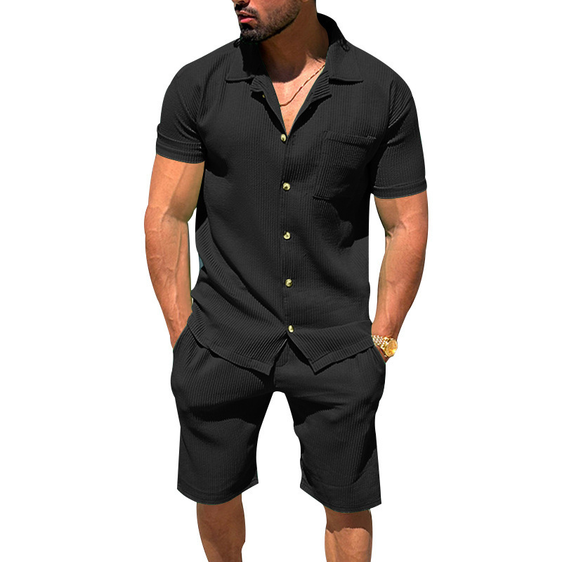 Men's Lapel Cardigan Shorts 2 Pieces Suit Summer Solid Color Vertical Stripes Short Sleeve Shorts — изображение 7