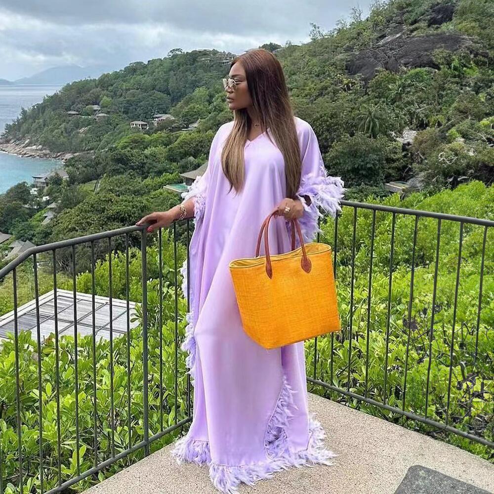 African Women's Loose Dress Luxury Fully Surrounded Light Feather Batwing Sleeve High Slit Robe - Image 2