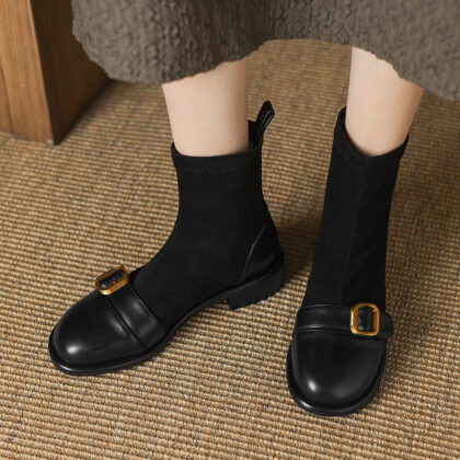 Casual Low Heel Martin Boots Belt Buckle Stitching Short Boots