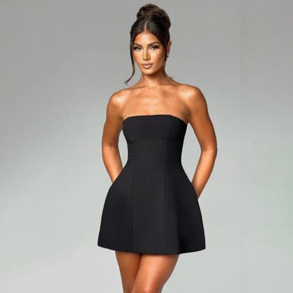 Women Mini Dress, Strapless Backless Solid Slim Fit A-line Summer Tube Clubwear