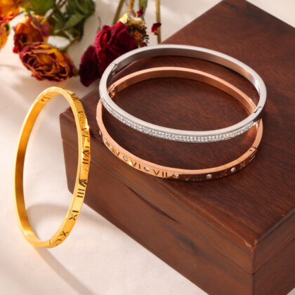 Retro Minority Unique Simple Jewelry Carved Roman Digital Design Diamond-embedded Titanium Steel Gold-plated Bracelet