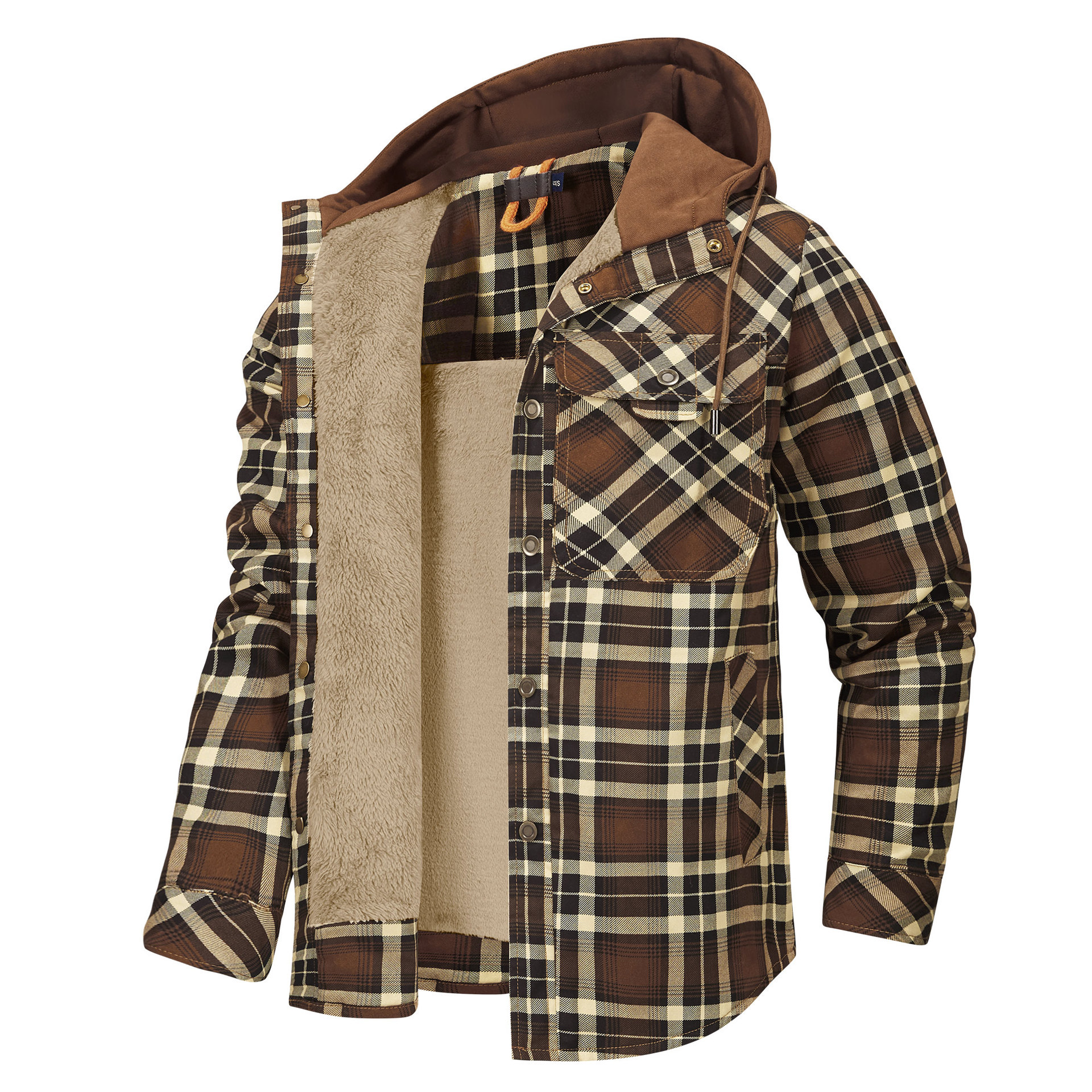 Men's Long Sleeve Velvet Thickened Hooded Plaid Shirt Coat - Image 6
