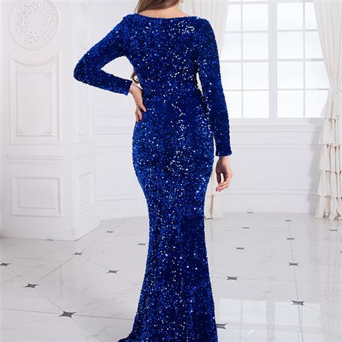 Women Modest Stretch Sequin Royal Blue Evening Prom Gown Party - Image 4