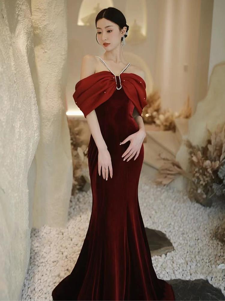 Premium Sense Wine Red Engagement Fishtail Temperament One Line Shoulder Evening Dress - Image 2