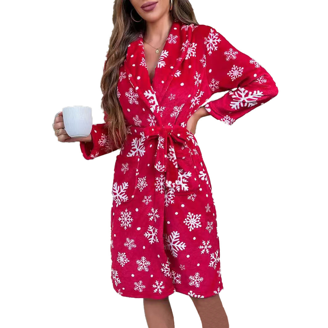 Christmas Snowflake Bathrobe Printed Lace-up Flannel Thick Night-robe - Image 5