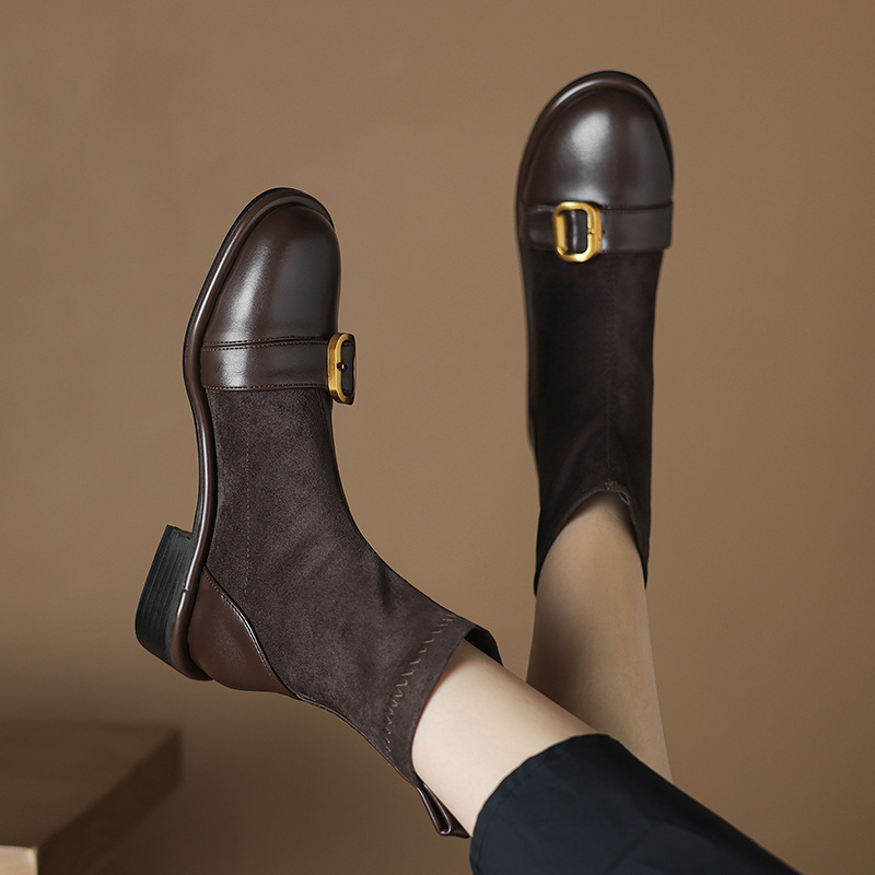 Casual Low Heel Martin Boots Belt Buckle Stitching Short Boots - Image 4