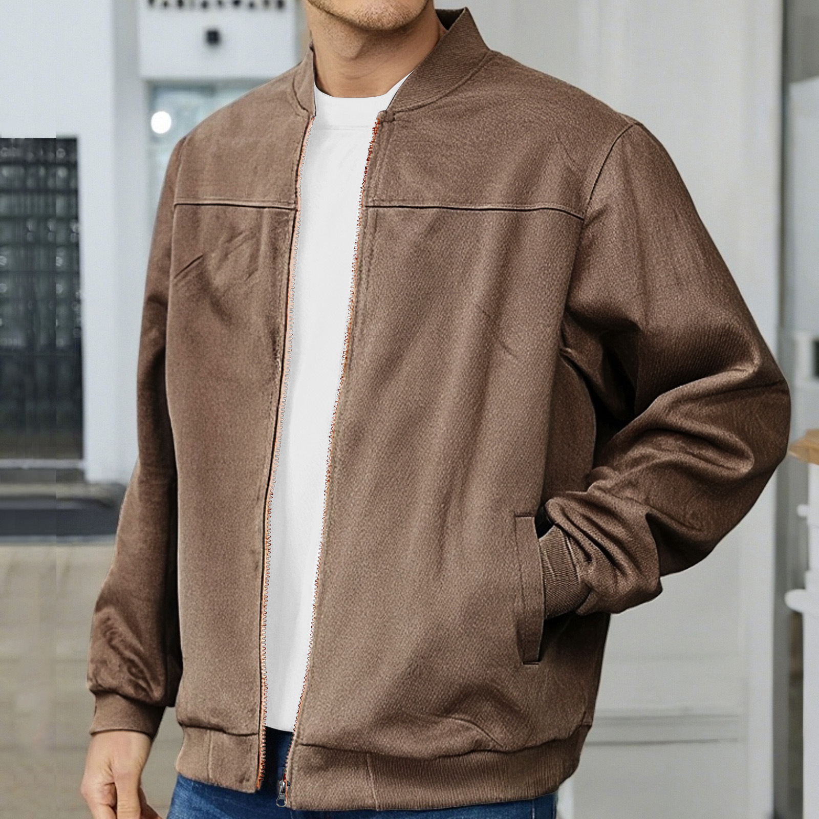 Men's Suede Fabric Jacket Casual Zipper Cardigan Outerwear - Image 4