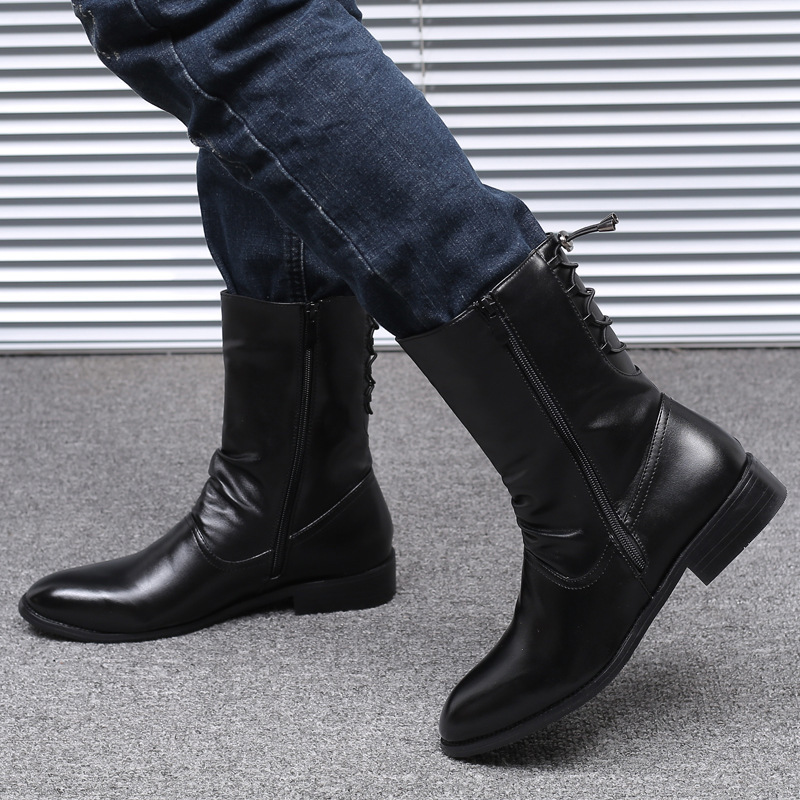 Pointed Leather Boots Men's British Korean High-top Leather Shoes Mid-calf Length - Image 2