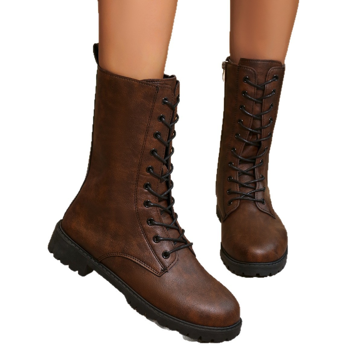 British Style Round Toe Side Zipper Thick Bottom Locomotive Large Size Women's Boots - Image 5