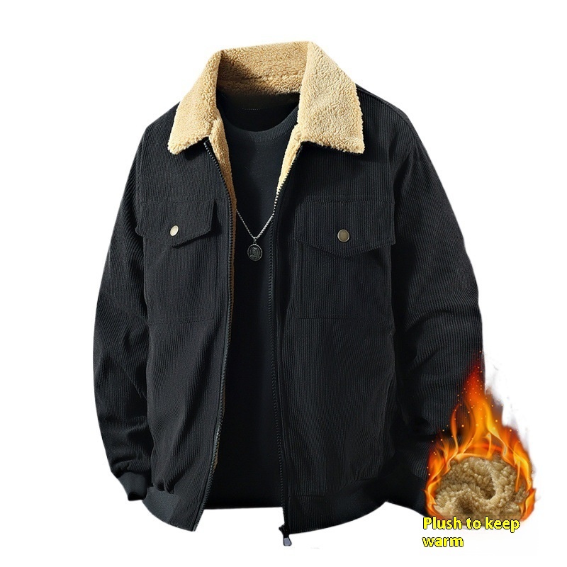 Fleece Corduroy Cotton Coat Jacket Men's Loose Casual Polo Collar Coat - Image 5