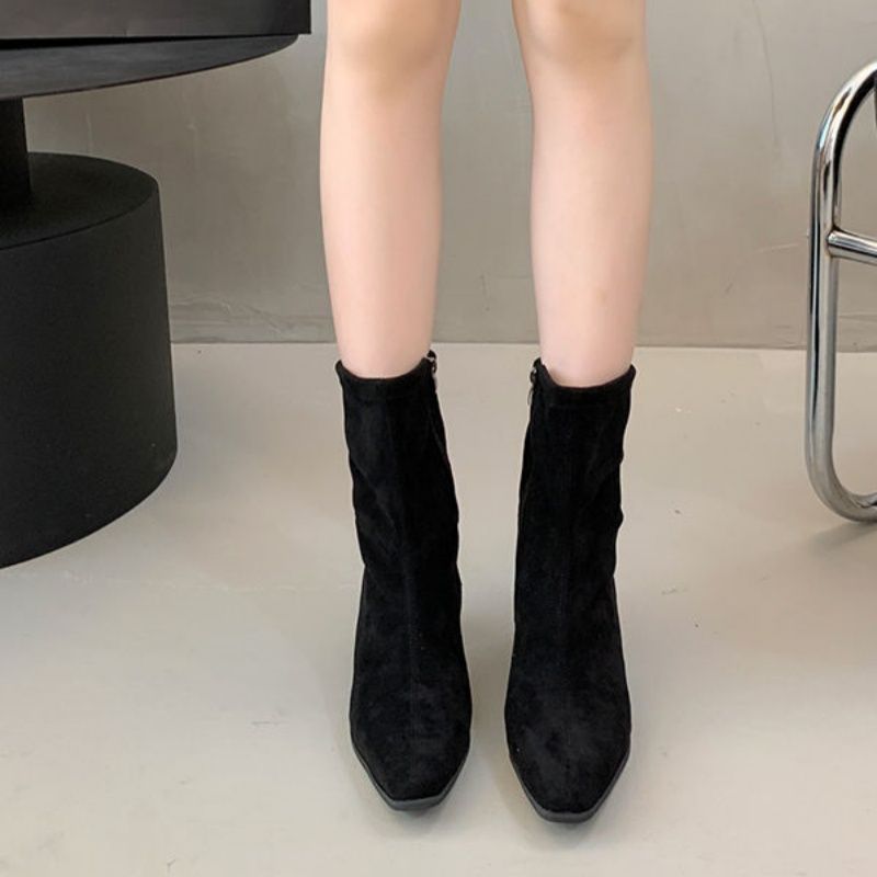 Square Toe High Heel Middle Boots Side Zipper Retro Kitten Heel Booties - Image 7