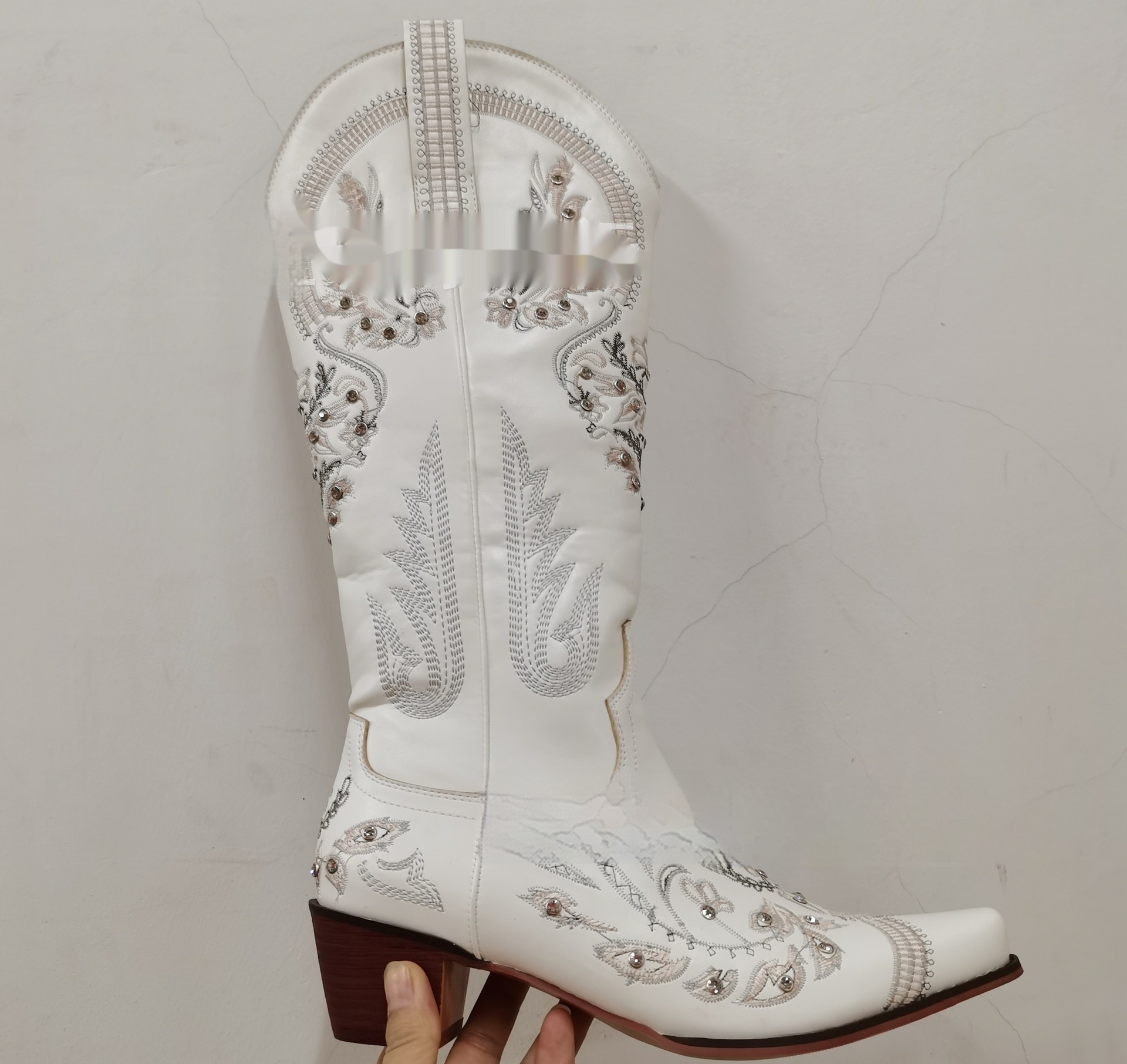 Embroidered Rhinestone Thick High Heel Side Zipper High-top Boots - Image 5