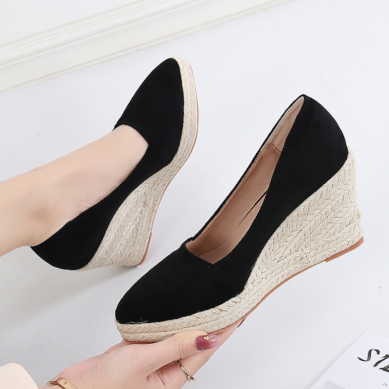 Pointed Toe Platform High Heel Work Shoes Thick Heel Straw Woven - Image 2