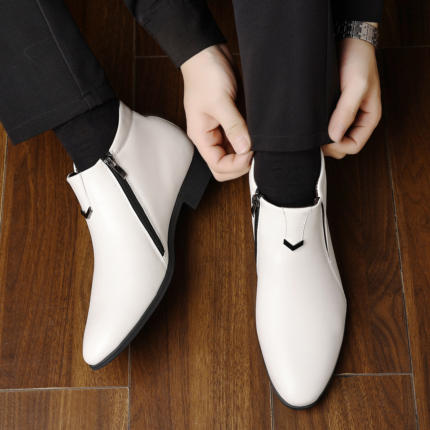 Men's Pointed White Striped Embossed Side Zipper Leather Ankle Boots - Image 6