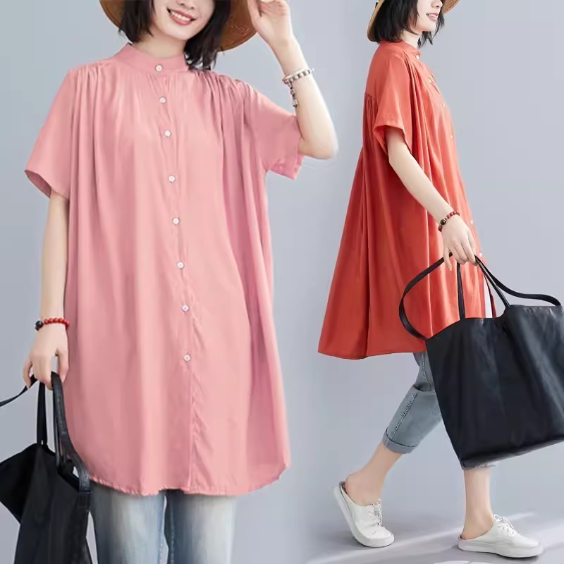 Women's Mid-length Short Sleeve Breasted Stand Collar Irregular Shirt