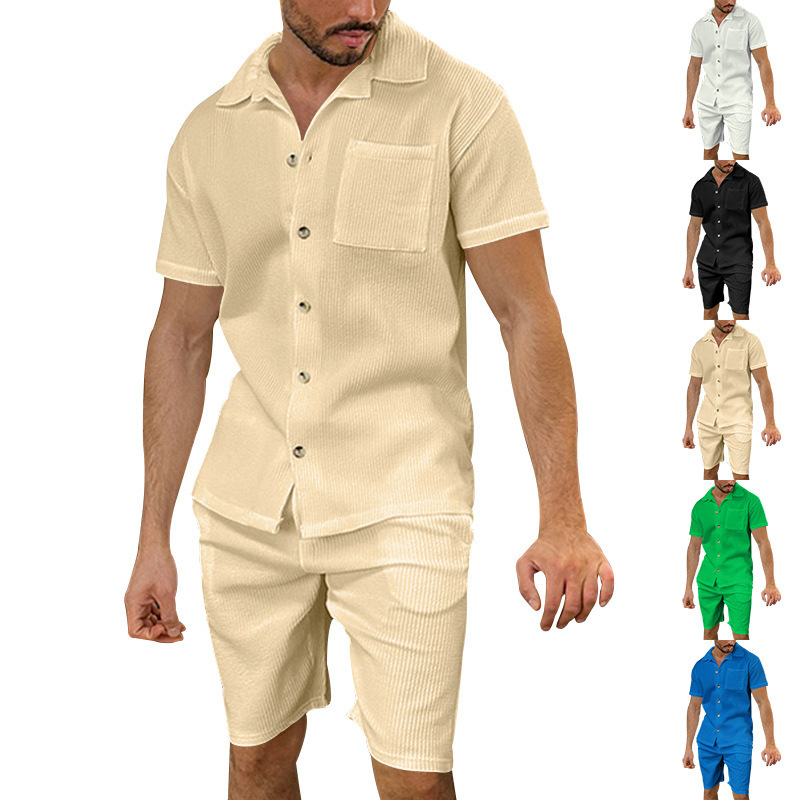 Men's Lapel Cardigan Shorts 2 Pieces Suit Summer Solid Color Vertical Stripes Short Sleeve Shorts — изображение 5