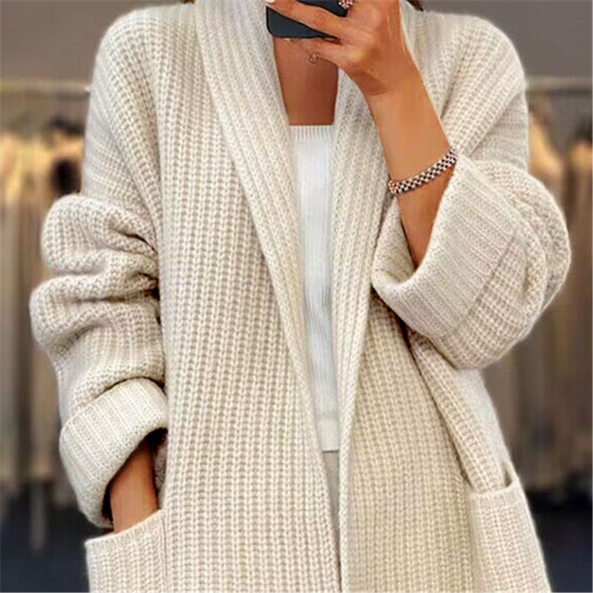 Lapel Knitted Cardigan With Pockets Fashion Casual Loose Sweater Jacket Fall Spring Women's Clothing - Image 3