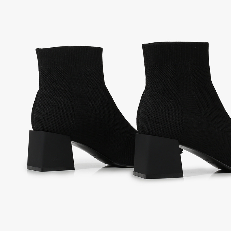 All-match Stretch Knitted High Heel Solid Color Chunky Heel Square Toe Booties Women - Image 3