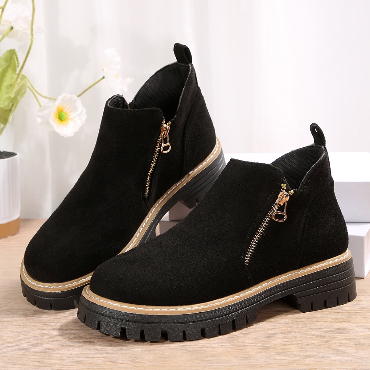 Fashion Ankle Boots With Side Zipper Ins Chunky Boots Autumn Winter Suede Shoes Women - Image 10
