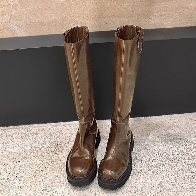 Round Head Thick Bottom Chunky Heel Long Tube Knight Boots - Image 5