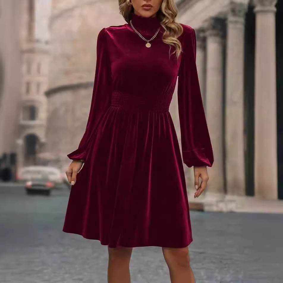 Graceful Stand Collar Solid Color Velvet Long Sleeve Dress - Image 2
