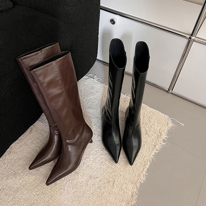 Elastic Commuter Pointed High Heel Brown Knight Boots - Image 2