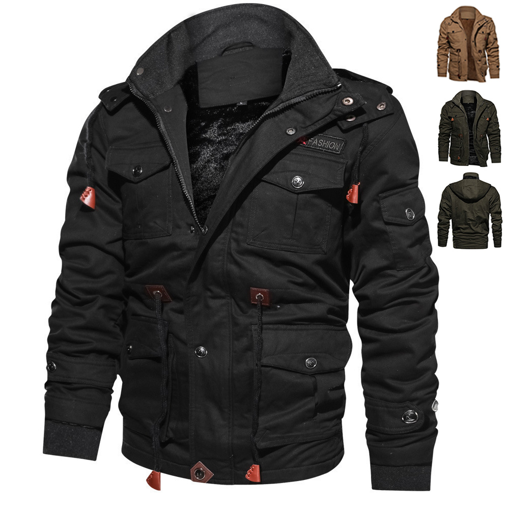 Winter Zip-up Coat Warm Thickened Detachable Hooded Jacket Multi-pocket Button Drawstring Long Sleeve Tops Men's Cargo Clothing