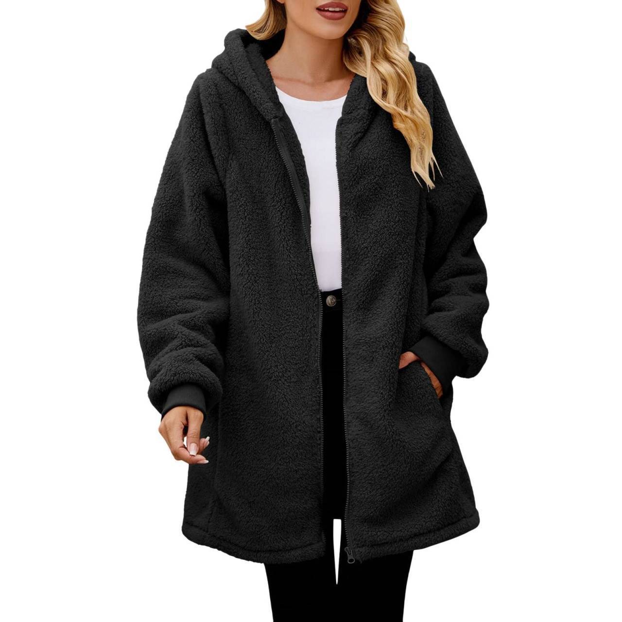 Loose Plush Women's Long Sleeve Hooded Zip Cardigan Coat - Image 6