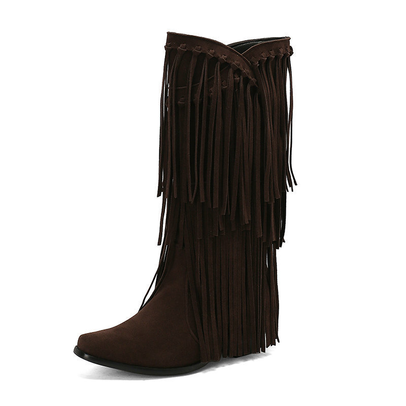 Women's High Boots Autumn And Winter Suede High Heel Tassel Boots Below The Knee - Image 5