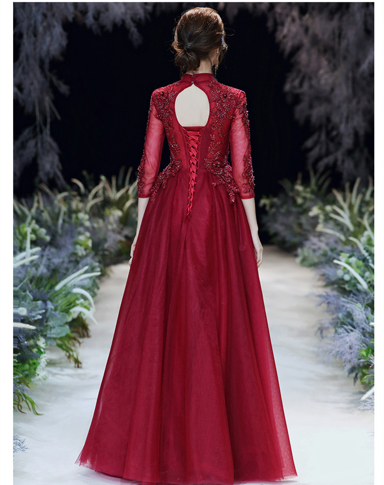 Long Sleeved Wine Red Banquet Temperament - Image 3