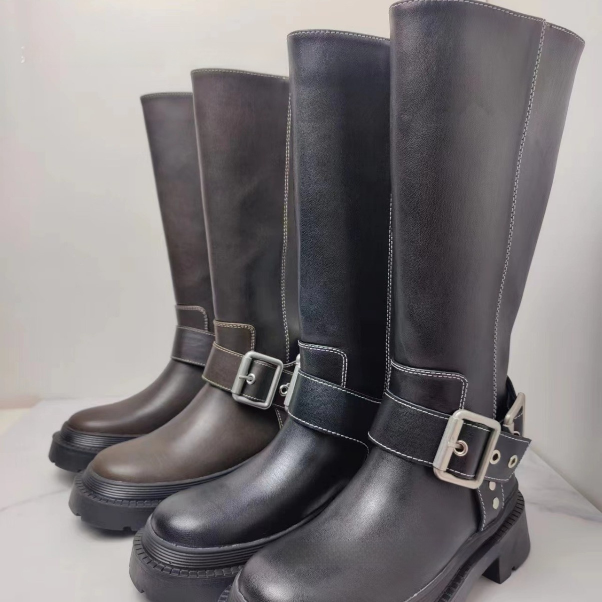 Women's Brown Retro Height Increasing Buckle Decoration High Knight Platform Boots - Image 3