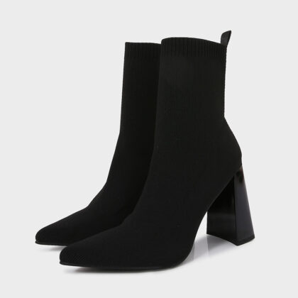 Brown Yellow Geometric High Heel Chunky Heel Retro Ankle Boots Elastic Socks Boots Women