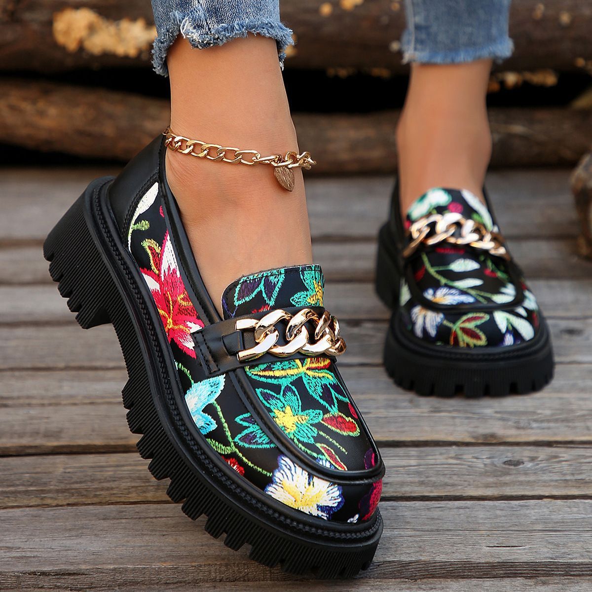 Plus Size Chunky Heel Trendy Retro Loafers - Image 8