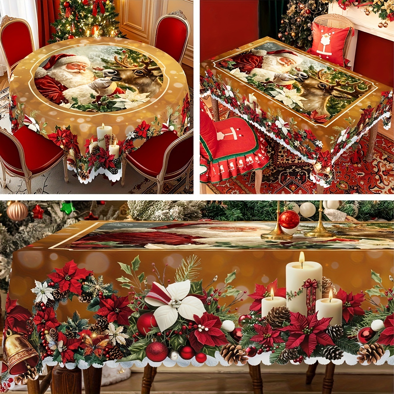 Christmas Round Tablecloth Christmas Theme With Santa Claus Table Flag - Image 2