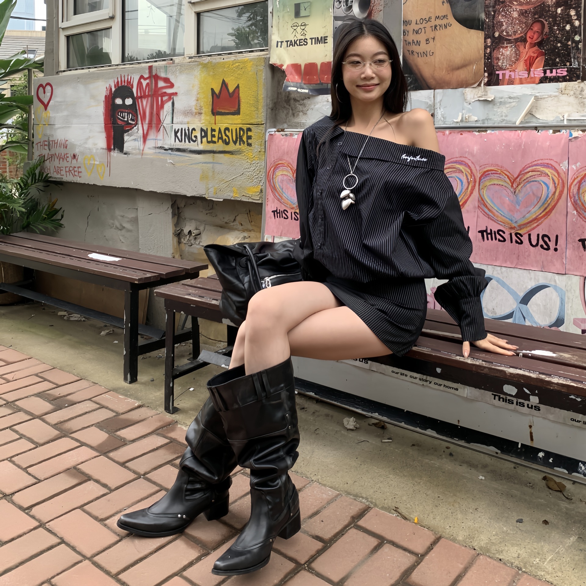 Pointed Toe Chunky Heel Slimming Pile Style Boots - Image 3