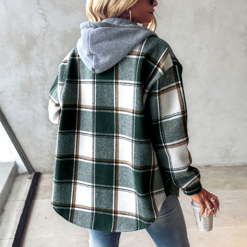 Plaid Hooded Jacket Fashion Casual Button Pocket Coat Autumn And Winter Women's Clothing — изображение 2