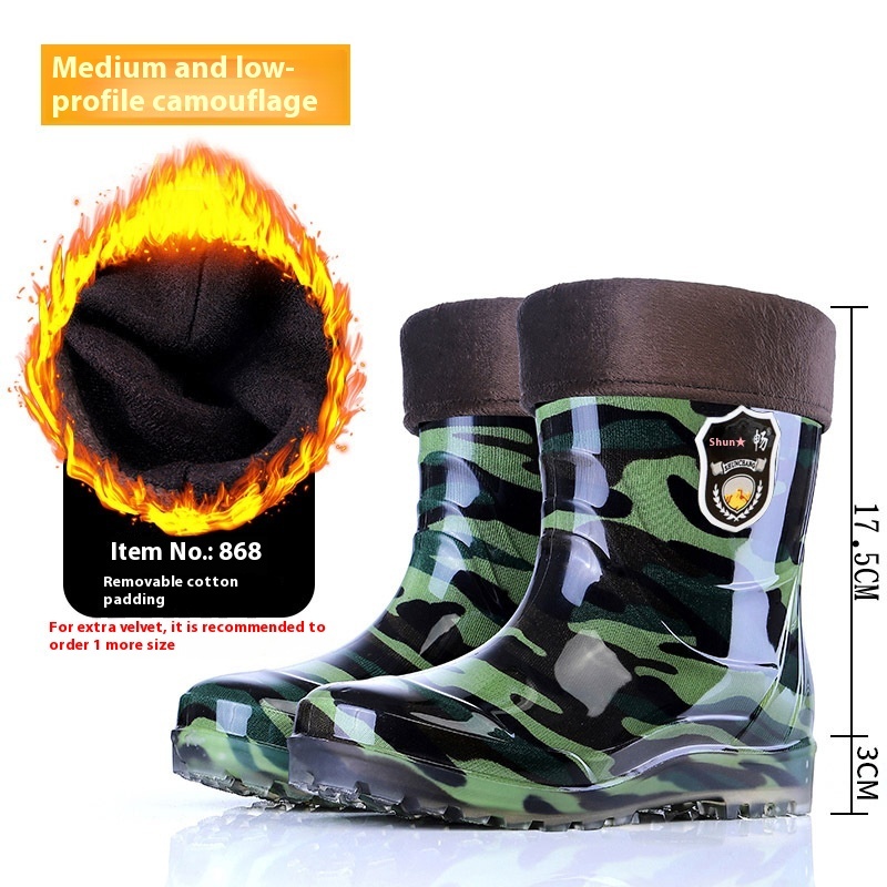 Popular Men's Tendon Bottom Camouflage Wear-resistant Rain Boots Fleece-lined Warm - Image 6