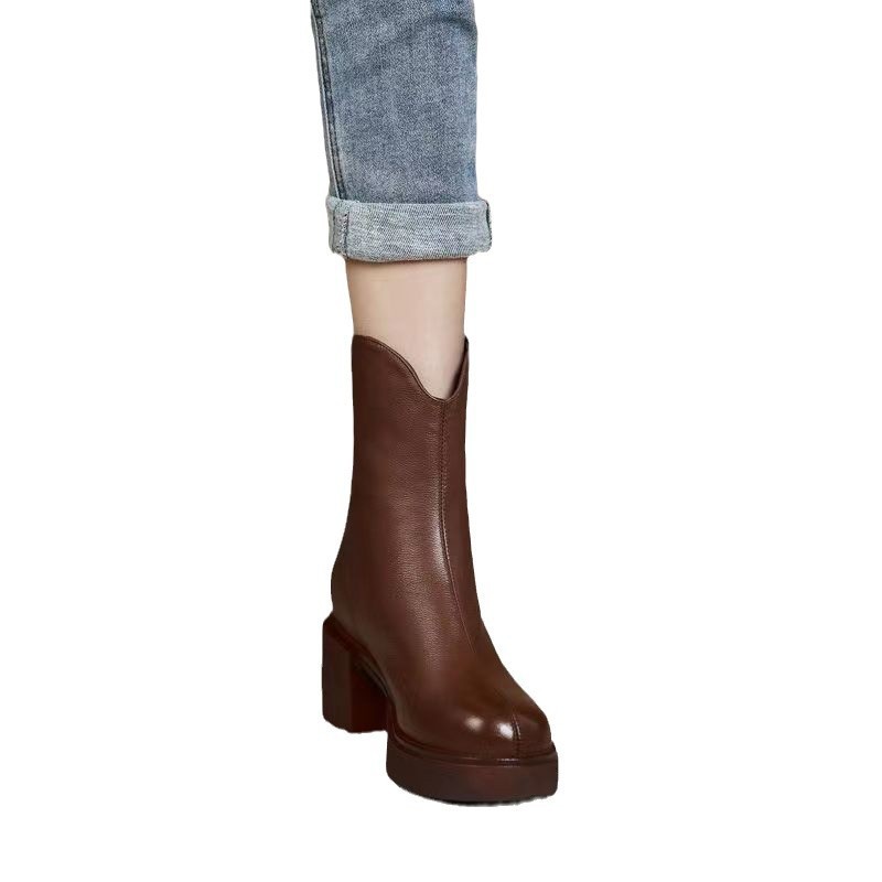 Women's Autumn And Winter Thick Heel Real Soft Leather High-heeled Martin Boots - Image 5