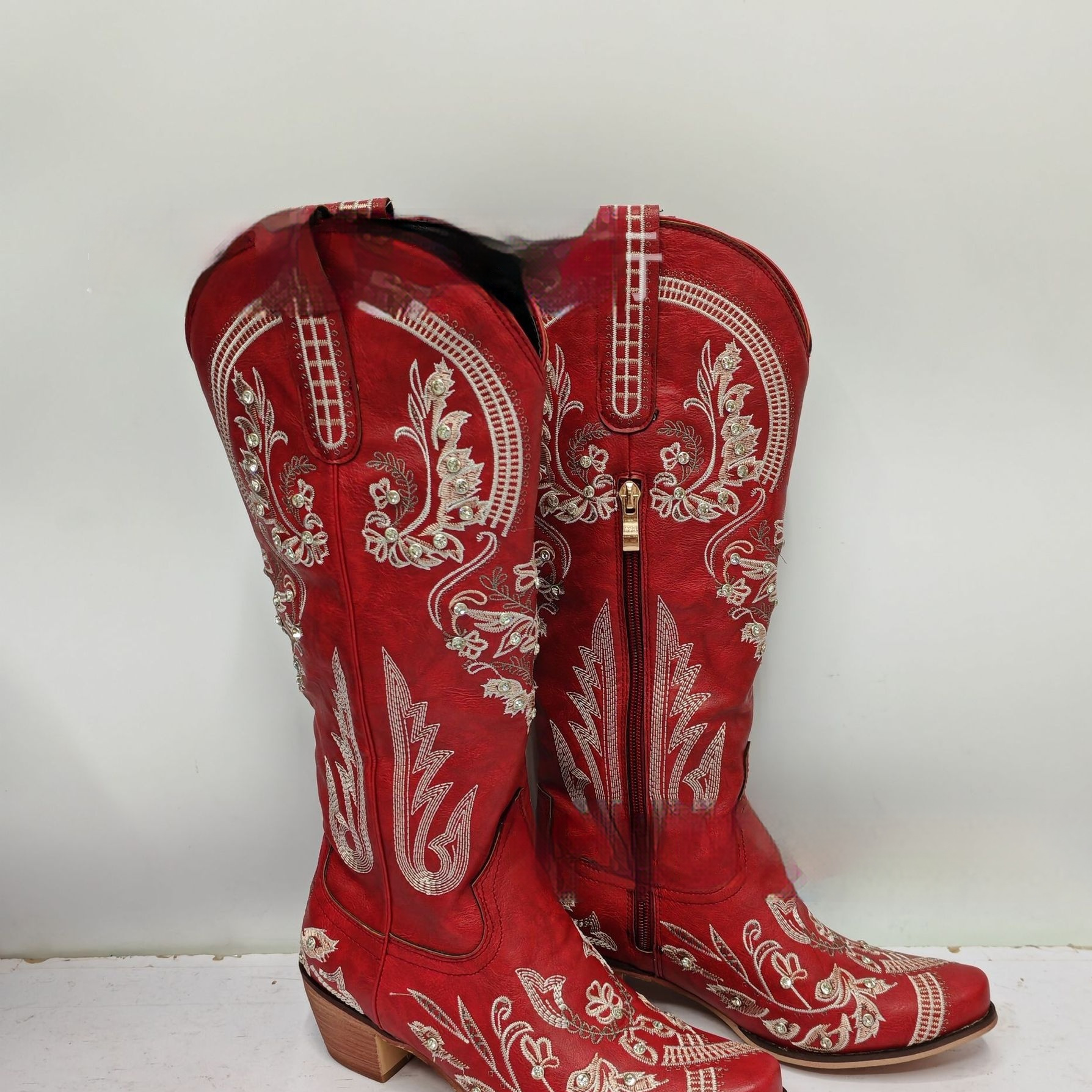 Embroidered Rhinestone Thick High Heel Side Zipper High-top Boots - Image 9