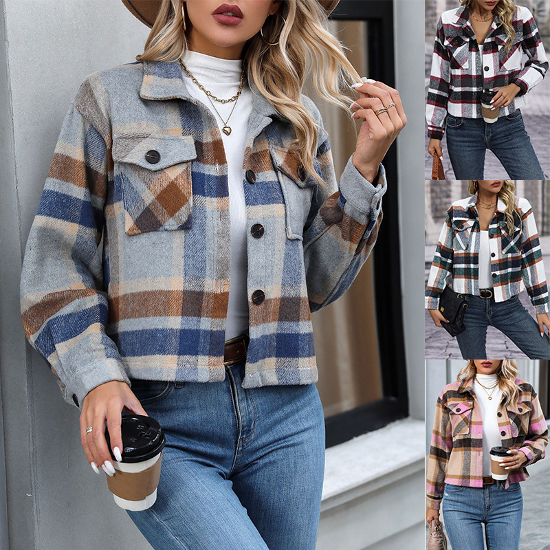 Autumn And Winter New Fashion Casual Pocket Plaid Women's Woolen Short Coat
