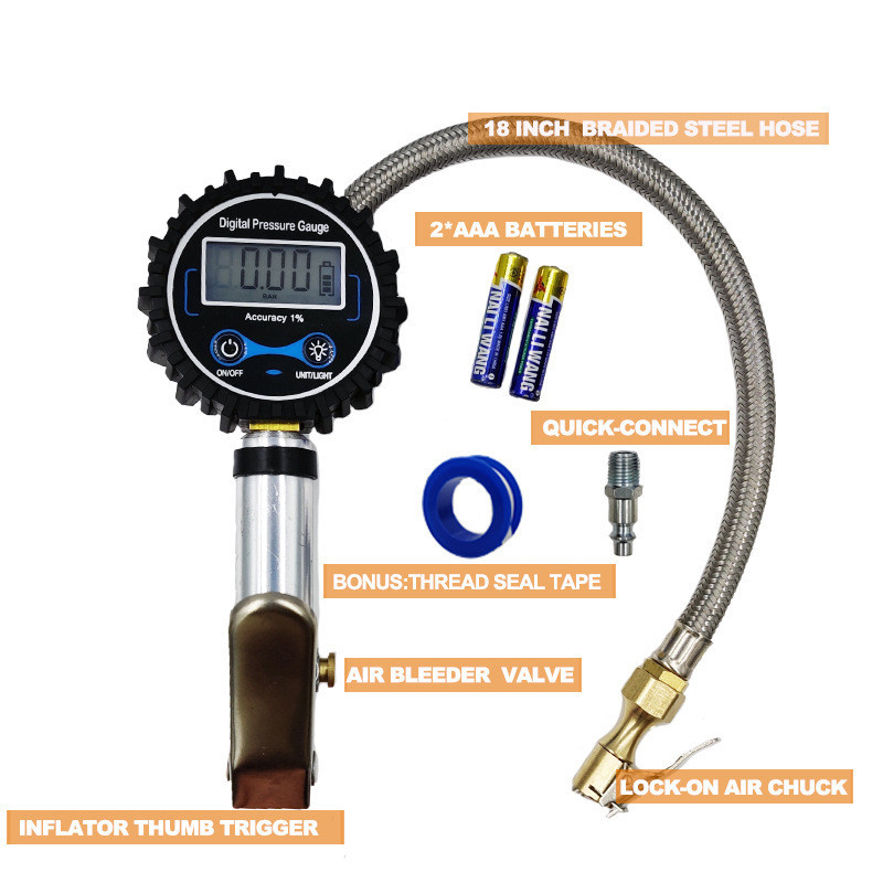 Silver Inflation Gun, Metal Braided Hose, Digital Tire Pressure Gun - Image 3